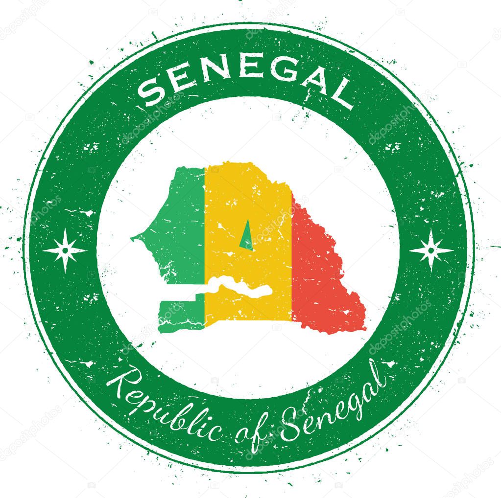 Senegal circular patriotic badge. Grunge rubber stamp with national flag, map and the Senegal written along circle border, vector illustration.