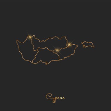 Kıbrıs Bölge Haritası altın glitter anahat parlak yıldız koyu arka planda ayrıntılı göster