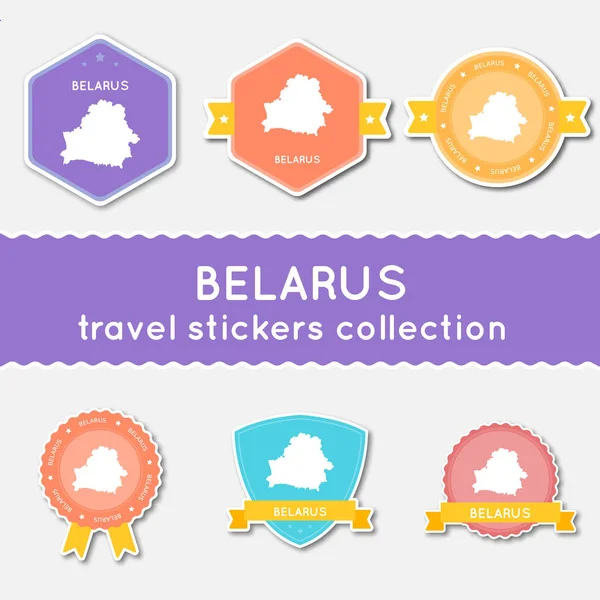 Fehéroroszország utazási matrica gyűjtemény nagy csoportja, böllér-val ország megjelenítése és a név lapos anyagok — Stock Vector