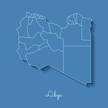 Libya bölgesi harita mavi beyaz anahat ve gölge üzerinde mavi arka plan detaylı Libya Haritası