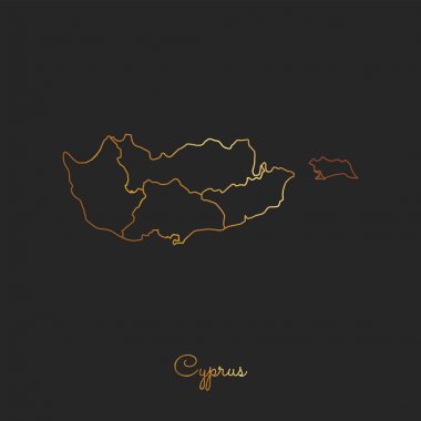 Kıbrıs Bölge Haritası altın gradyan anahat Kıbrıs bölgeler ayrıntılı haritası koyu arka plan üzerinde
