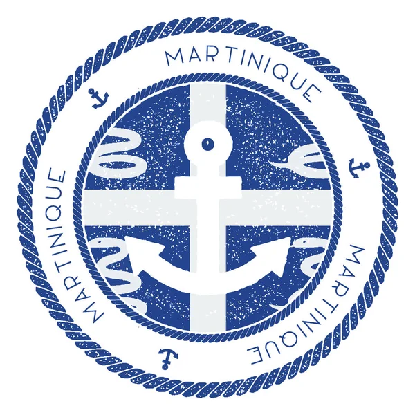 Timbre de voyage nautique avec drapeau martiniquais et ancre Timbre en caoutchouc marin avec bordure de corde ronde — Image vectorielle