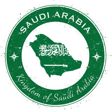 Suudi Arabistan dairesel vatansever rozet Grunge lastik damgası ulusal bayrak harita ve Suudi ile