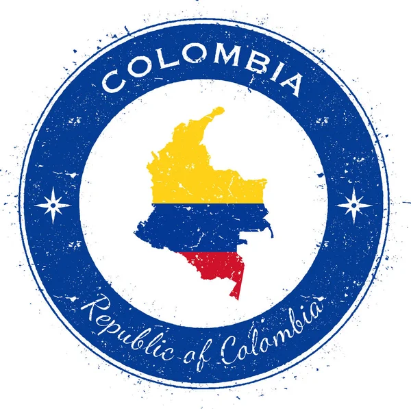 Colombie insigne patriotique circulaire Timbre en caoutchouc Grunge avec carte du drapeau national et la Colombie — Image vectorielle