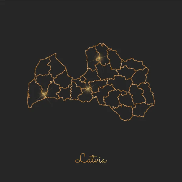 Karte der Region Lettland Goldener Glitzerumriss mit funkelnden Sternen auf dunklem Hintergrund Detailkarte von — Stockvektor