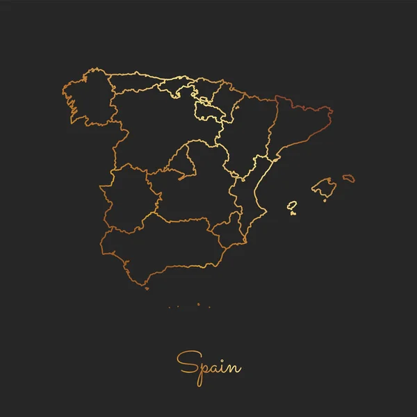 Espanha mapa região gradiente dourado esboço sobre fundo escuro Mapa detalhado de Espanha regiões Vector — Vetor de Stock