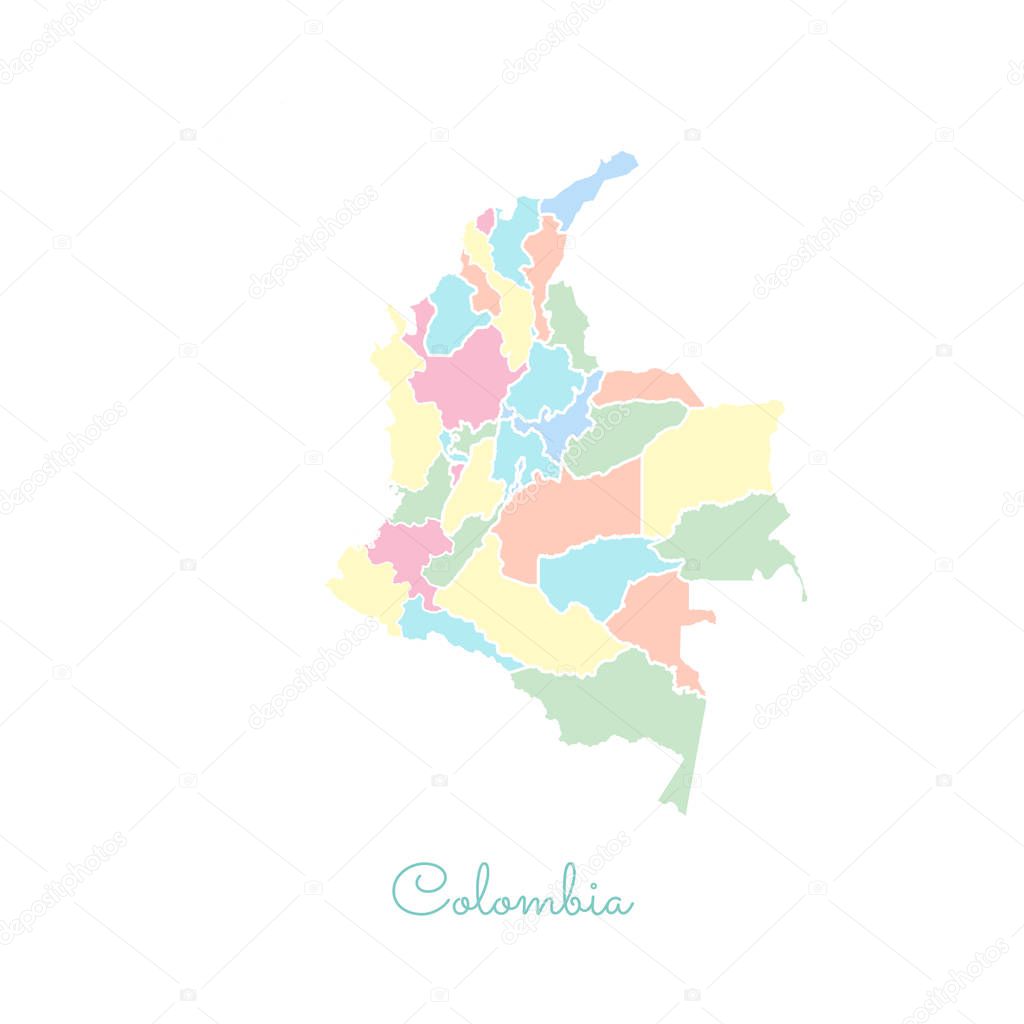 Colombia region map colorful with white outline Detailed map of Colombia regions Vector