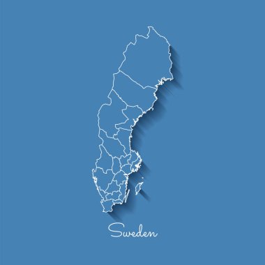 Beyaz anahat ve mavi arka plan detaylı harita İsveç'in üzerinde gölge ile İsveç bölgesi harita mavi