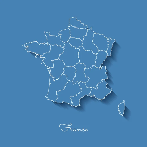 Carte de la région France bleu avec contour blanc et ombre sur fond bleu Carte détaillée de la France — Image vectorielle
