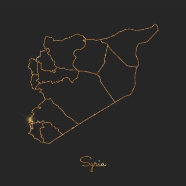 Suriye bölgesi harita altın glitter anahat parlak yıldız koyu arka planda ayrıntılı göster