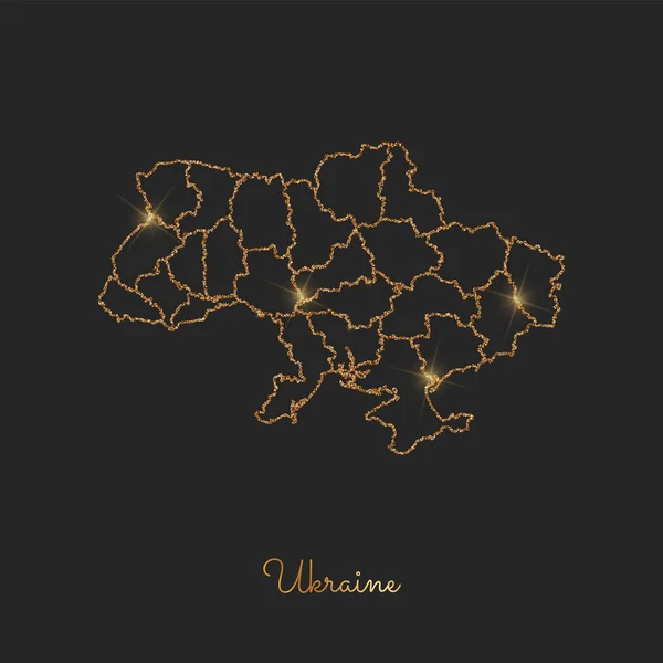 Ukrajina regionu mapa zlaté třpytky osnovy s zářivými hvězdami na tmavém pozadí Detailní mapa — Stockový vektor