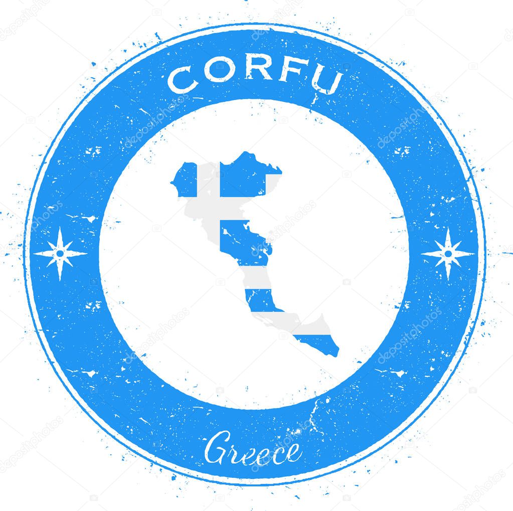 Corfu circular patriotic badge. Grunge rubber stamp with island flag, map and name written along circle border, vector illustration.