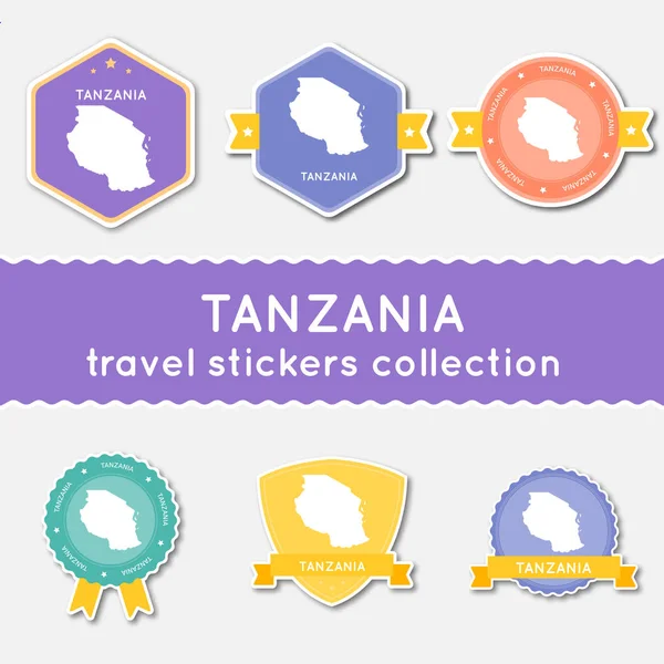 Tanzânia República Unida da coleção de adesivos de viagem Grande conjunto de adesivos com mapa do país e —  Vetores de Stock