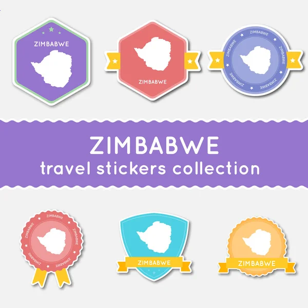 짐바브웨 여행 스티커 컬렉션 국가 지도 및 이름 플랫 재료와 스티커의 큰 세트 — 스톡 벡터