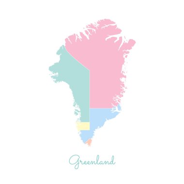 Grönland bölgesi Haritası ayrıntılı Beyaz anahat ile renkli harita Grönland bölgelerinde vektör