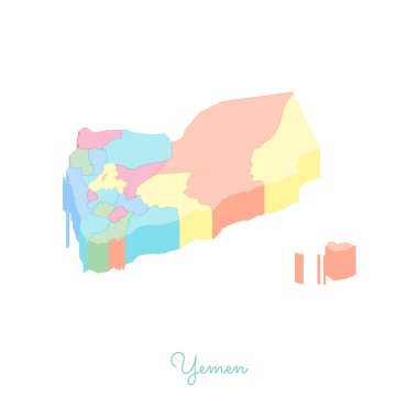 Yemen bölgesi harita renkli izometrik üstten görünüm ayrıntılı harita Yemen bölgeleri vektör çizim