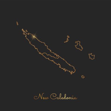 Yeni Kaledonya bölgesi harita altın glitter anahat koyu arka plan ayrıntılı üzerinde parlak yıldız ile