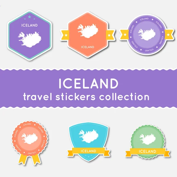 IJsland reizen stickers collectie grote reeks van stickers met land kaart en naam platte materiaal — Stockvector