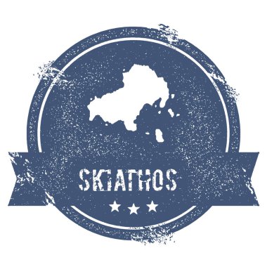 Skiathos logo işareti seyahat lastik damga adı ve ada vektör çizim Haritası olabilir