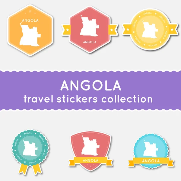 Angola collection d'autocollants de voyage Grand ensemble d'autocollants avec la carte du pays et le nom Matériel plat — Image vectorielle