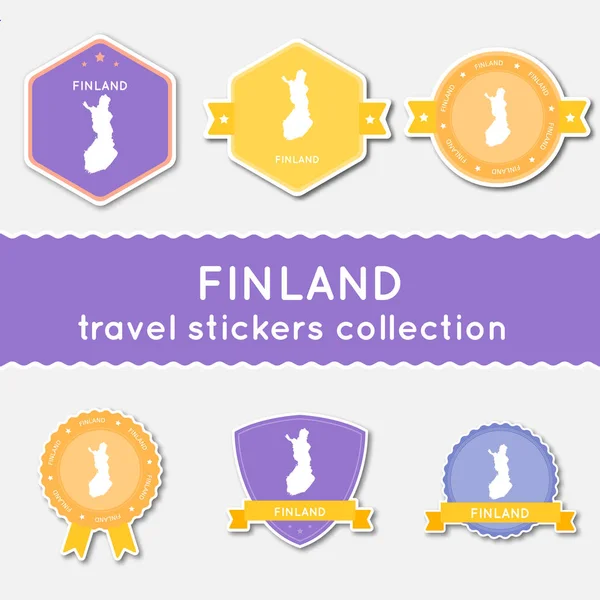 Finsko cestování samolepky kolekce Velká sada nálepek s země mapu a jméno plochý materiál — Stockový vektor