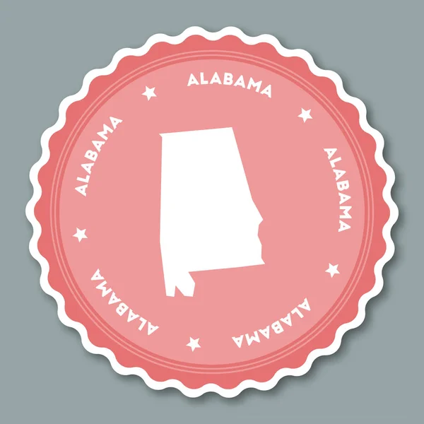 Alabama pegatina diseño plano Ronda insignias de estilo plano de colores de moda con el mapa del estado y el nombre — Vector de stock