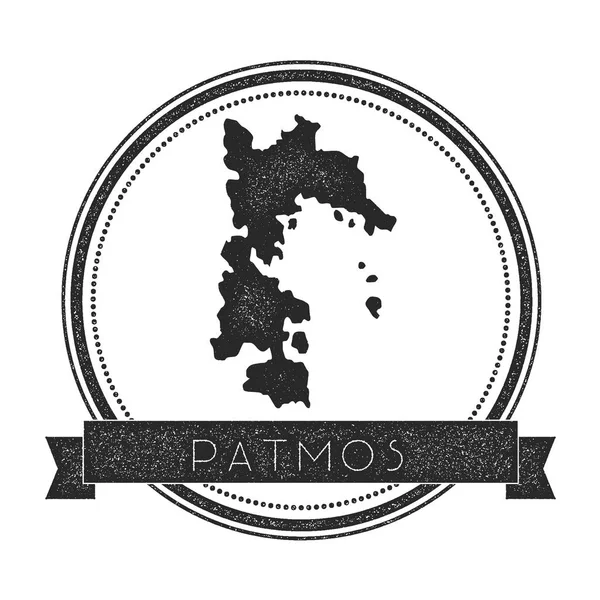 Patmos mapa sello retro angustiado insignia Hipster placa redonda con banner de texto Island vector — Vector de stock