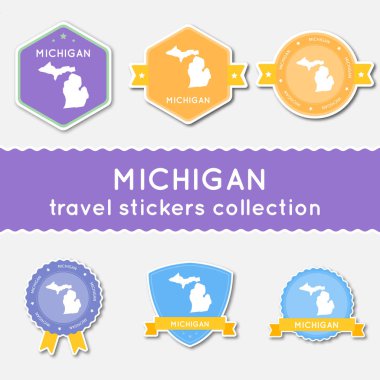 Michigan eyalet harita ve adı düz malzeme çıkartma koleksiyonu büyük çıkartmaları kümesi bizimle seyahat