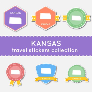 Kansas Eyalet harita ve adı düz malzeme çıkartma koleksiyonu büyük çıkartmaları kümesi bizimle seyahat