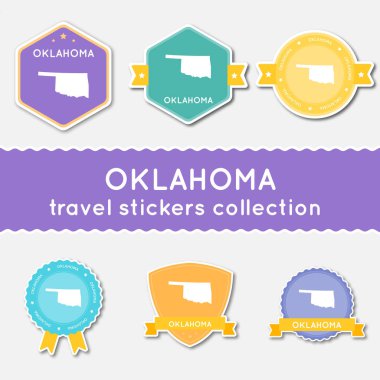 Oklahoma eyalet harita ve adı düz malzeme çıkartma koleksiyonu büyük çıkartmaları kümesi bizimle seyahat