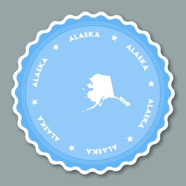 Alaska plakası düz tasarım düz stil rozetleri ile Devlet harita trendy renklerinin yuvarlak ve bize isim