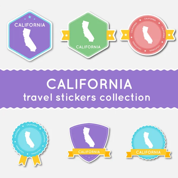 California colección de pegatinas de viaje Gran conjunto de pegatinas con mapa del estado de EE.UU. y nombre Material plano — Vector de stock