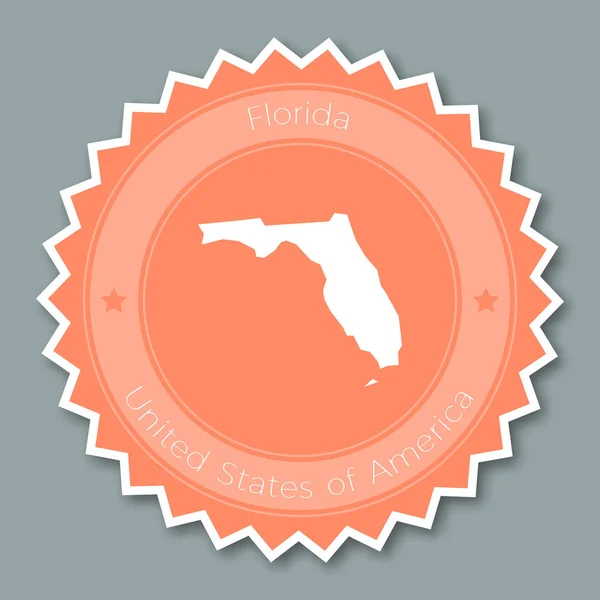 Diseño plano de la insignia de Florida Pegatina redonda de estilo plano de colores de moda con el mapa del estado y el nombre de EE.UU. — Vector de stock