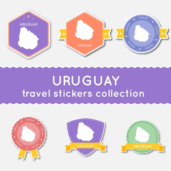 Uruguay travel stickers collection Big set of stickers with country map and name Flat material — Stock Vector
