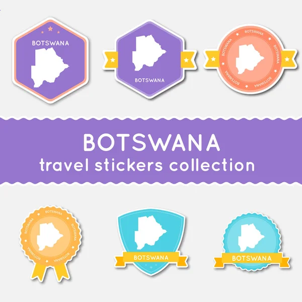 Colección de pegatinas de viaje Botswana Gran conjunto de pegatinas con mapa de país y nombre Material plano — Archivo Imágenes Vectoriales