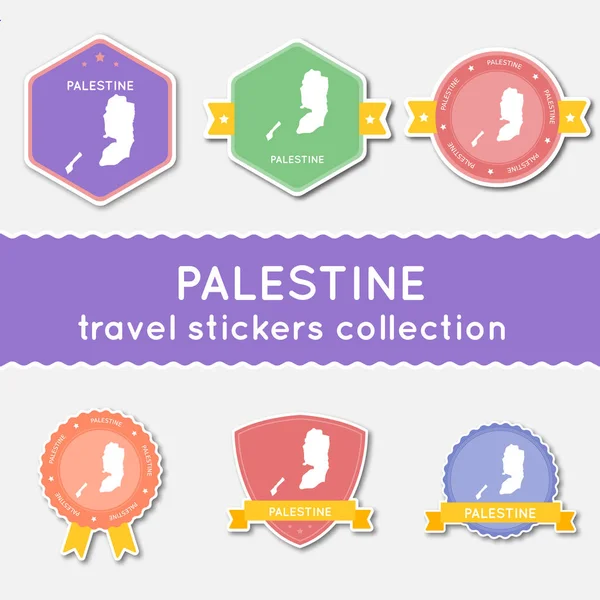 パレスチナ旅行ステッカー コレクション国地図と名前のフラット素材とステッカーの大きなセット — ストックベクタ