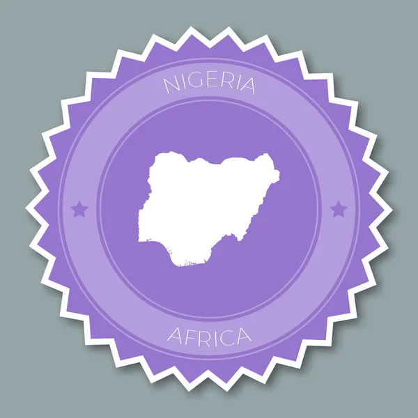 Nigeria insignia diseño plano redondo estilo plano etiqueta engomada de colores de moda con mapa de país y nombre — Vector de stock