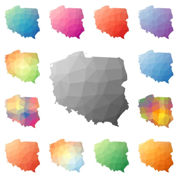 Polen geometriska polygonal mosaik stil kartor samling ljusa abstrakta tessellation låg poly — Stock vektor