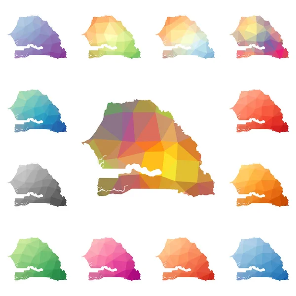 Senegal geometryczne wielokątów mozaiki styl mapy kolekcji jasne streszczenie Tesselacja low poly — Wektor stockowy