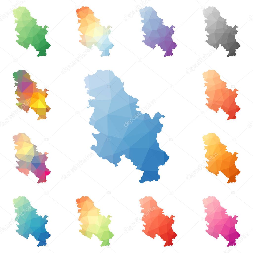 Serbia geometric polygonal mosaic style maps collection Bright abstract tessellation low poly