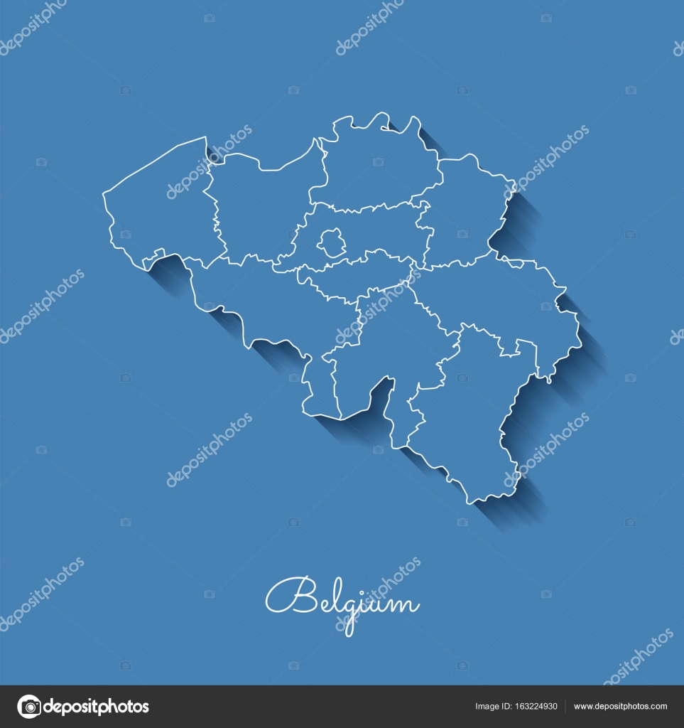 belgium region map blue with white outline and shadow on blue background detailed map of belgium