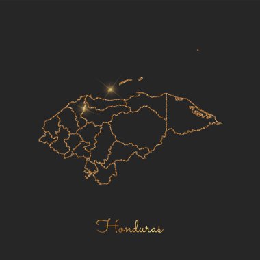 Honduras bölgesi harita altın glitter anahat parlak yıldız koyu arka planda ayrıntılı göster