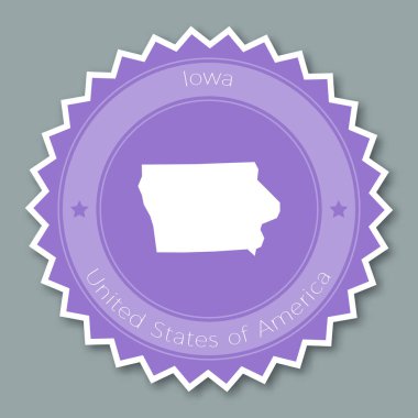 Iowa düz stil etiketi devlet harita ve adı ile trendy renklerinin yuvarlak düz tasarım bize rozet