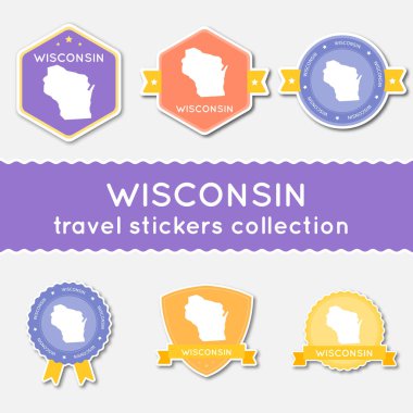 Wisconsin eyalet harita ve adı düz malzeme çıkartma koleksiyonu büyük çıkartmaları kümesi bizimle seyahat