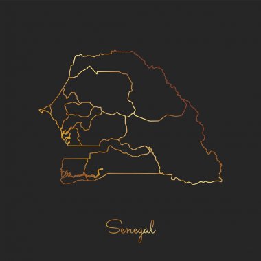 Senegal bölgesi harita altın gradyan anahat koyu arka plan detaylı harita Senegal bölgeler üzerinde