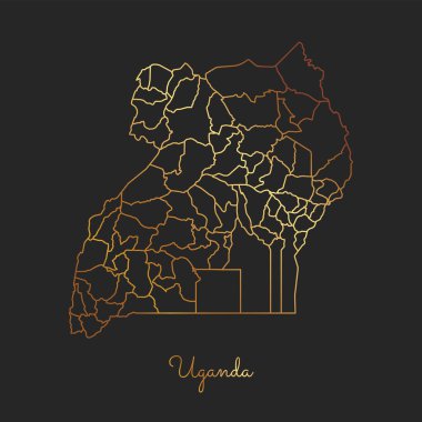 Uganda bölgesi harita altın gradyan anahat Uganda bölgeler ayrıntılı haritası koyu arka plan üzerinde