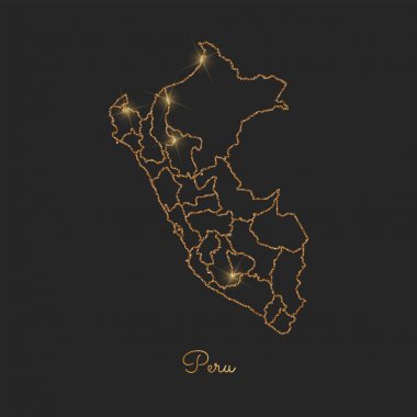 Peru bölgesi harita altın glitter anahat parlak yıldız koyu arka planda ayrıntılı göster