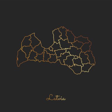 Letonya bölgesi harita altın gradyan anahat koyu arka plan detaylı harita Letonya bölgeler üzerinde
