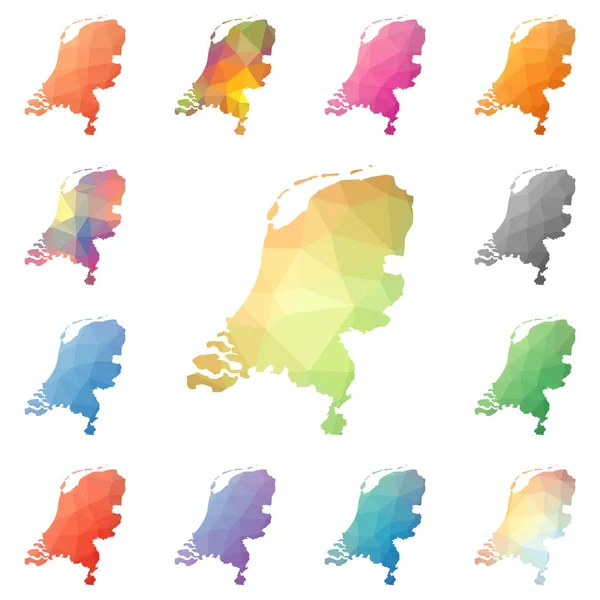 Países Bajos geométrico poligonal mosaico estilo mapas colección brillante teselación abstracta baja — Vector de stock