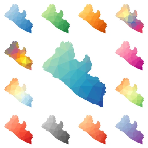 リベリアの幾何学的な多角形のモザイク スタイル マップ コレクション明るい抽象的なテセレーション低ポリ — ストックベクタ